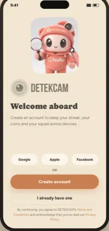 Onboarding screen — Welcome aboard, create an account to keep streak, coins and squad across devices