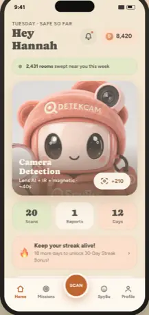 Home screen — daily streak, Camera Detection card, scans/reports/days stats