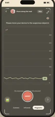 Scan screen — Magnetic wave detection mode, live waveform graph