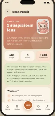 Scan result screen — Watch Out, 1 suspicious lens, 87% match, with next steps