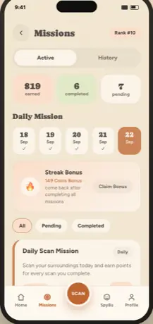Missions screen — daily mission calendar, streak bonus, earned/completed/pending