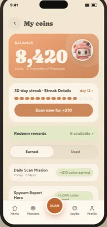 My coins screen — balance, 30-day streak, redeem rewards