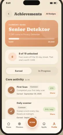 Achievements screen — Senior Detektor rank, badges earned and in progress
