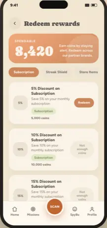Redeem rewards screen — subscription discounts, streak shield, store items