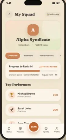 My Squad screen — Alpha Syndicate, members, rank progress, top performers