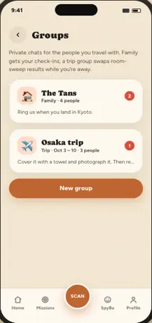 Groups screen — private family and trip chats with quick status