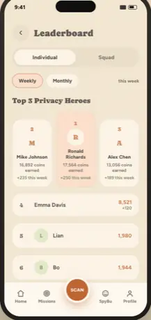 Leaderboard screen — top 3 privacy heroes, weekly ranking