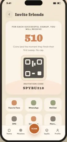 Invite friends screen — referral code, QR, share options