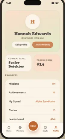 Profile screen — Senior Detektor rank, progress, coins and subscription